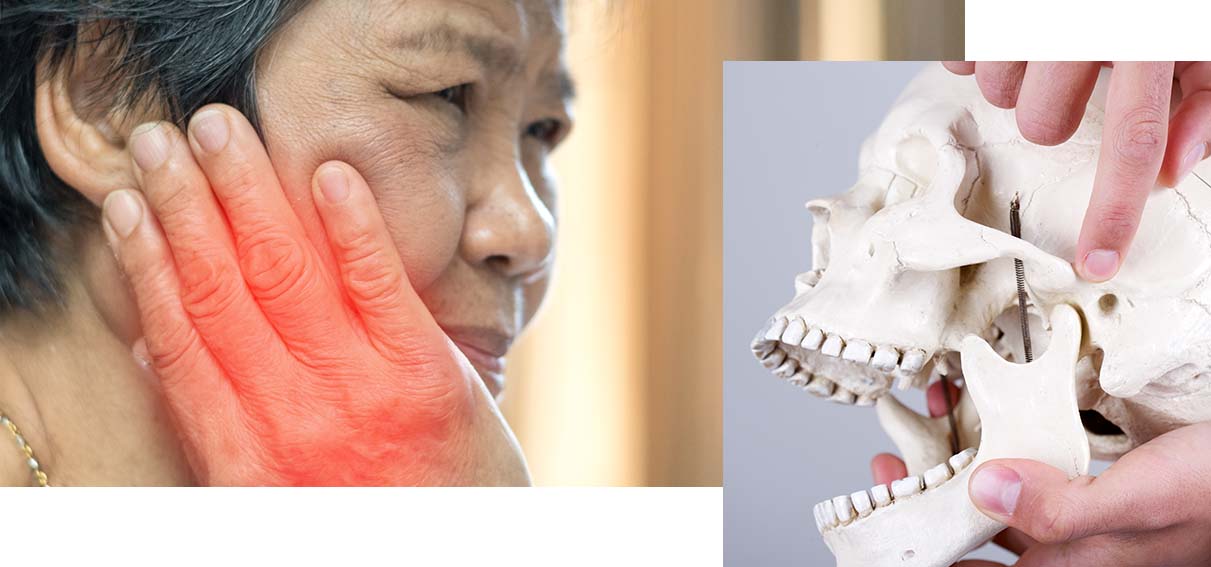 Woman holding her face in pain. Inset photo of a model of a jaw.