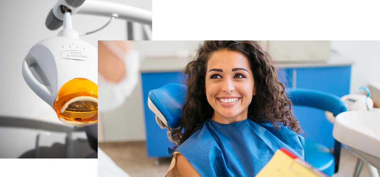 Woman smiling in operatory chair. Inset photo of chair light.